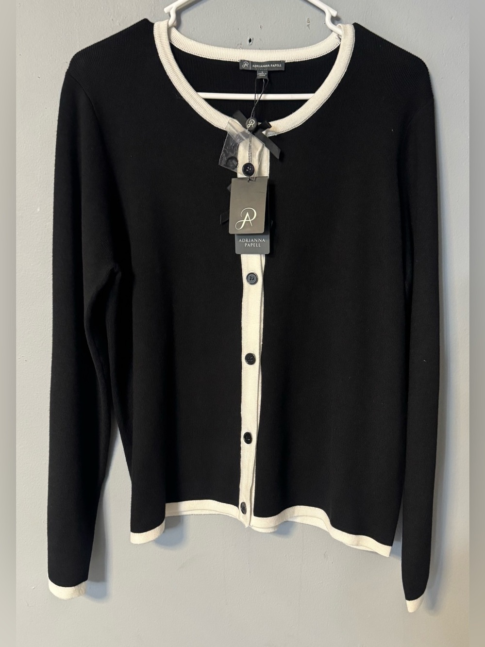 Adrianna Papell Women’s Black Cardigan with White Trim Size Large